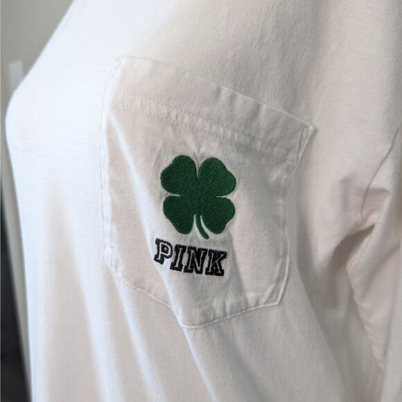 VS PINK White St. Patrick's Day Long Sleeve Crew Neck Sequin T-Shirt Size XS - Picture 3 of 11